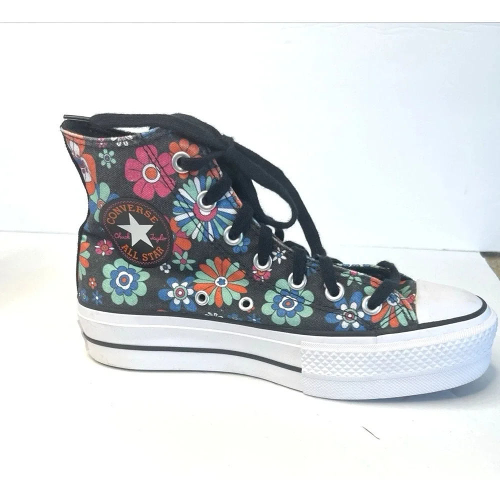 Y2K Black Floral Converse Chuck Taylor All Star Hi Lift Platform Sneaker Size 7